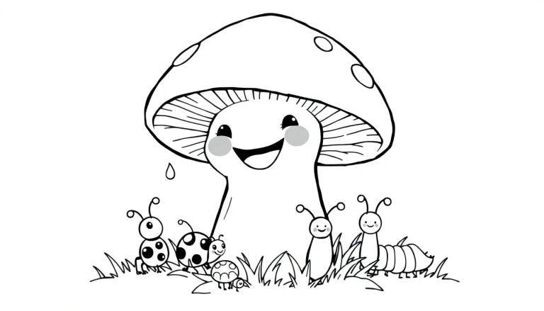 A black and white drawing of a happy cartoon mushroom with spots, surrounded by ladybugs, a snail, and caterpillars in grass, suitable for a color panel.