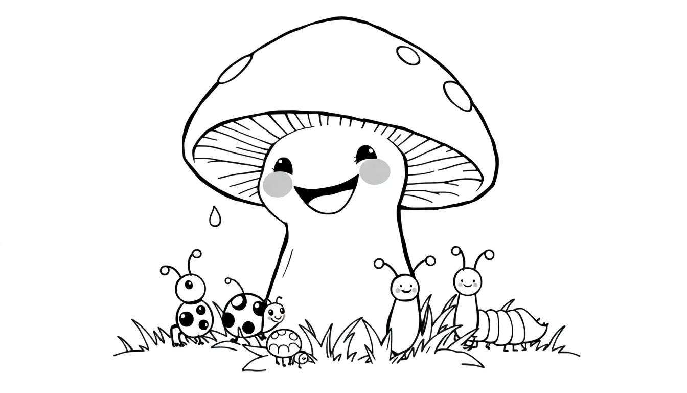 A black and white drawing of a happy cartoon mushroom with spots, surrounded by ladybugs, a snail, and caterpillars in grass, suitable for a color panel.