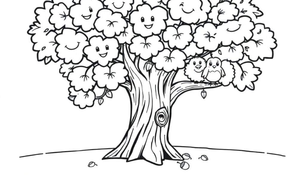 A black and white line drawing of a friendly oak tree with happy smiley leaves and two birds, perfect for a color panel.
