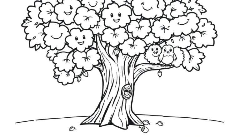 A black and white line drawing of a friendly oak tree with happy smiley leaves and two birds, perfect for a color panel.