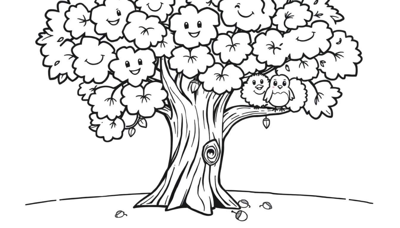 A black and white line drawing of a friendly oak tree with happy smiley leaves and two birds, perfect for a color panel.