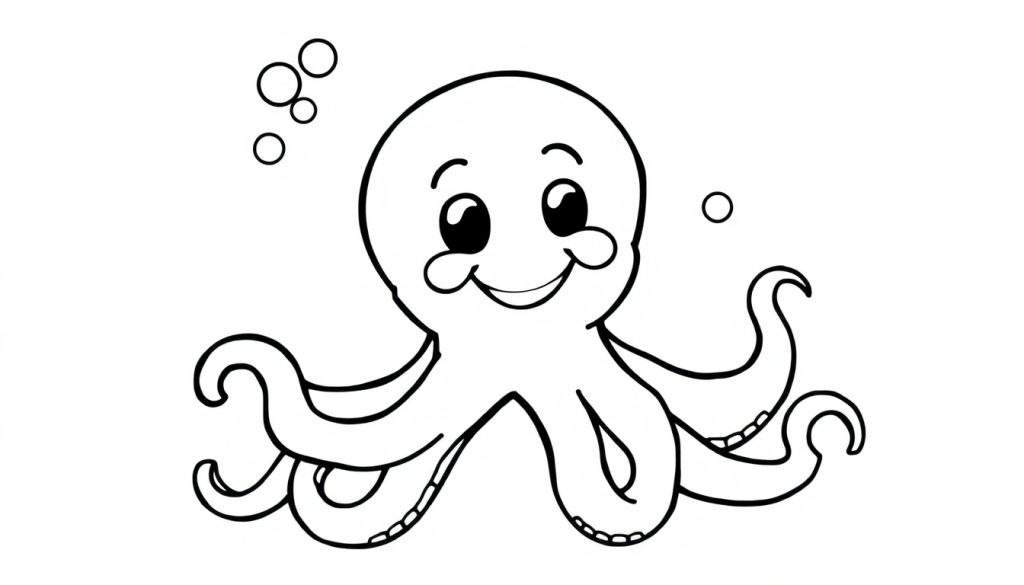 A happy octopus with eight tentacles, ready for color, in a black and white color panel.