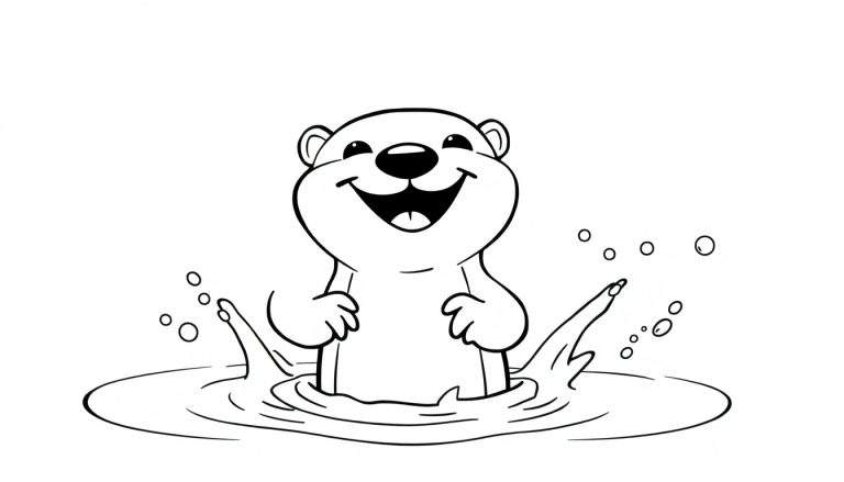 A cartoon otter line drawing in a color panel, happily splashing in water with bubbles and splashes.