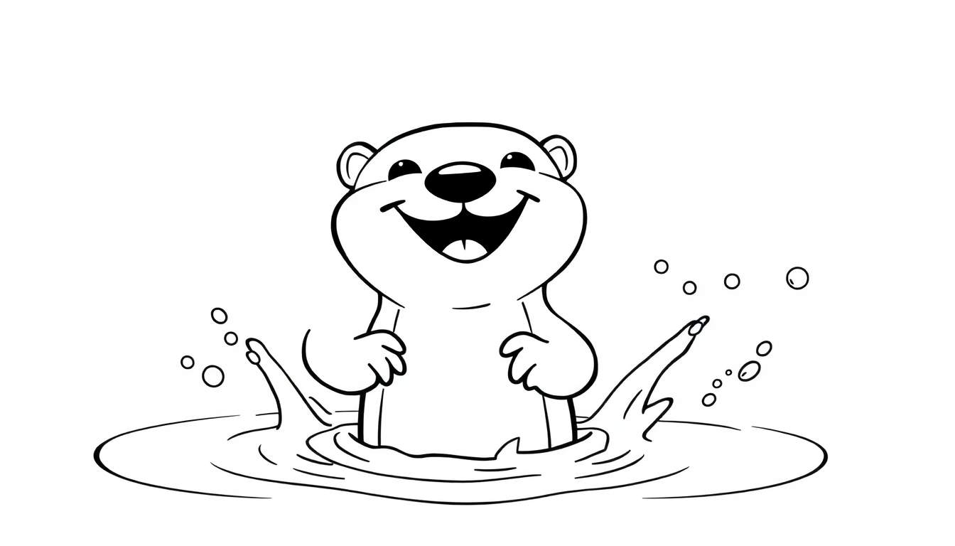 A cartoon otter line drawing in a color panel, happily splashing in water with bubbles and splashes.