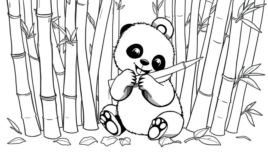 A cute panda bear, a fun color panel, happily munching on bamboo in a forest setting.