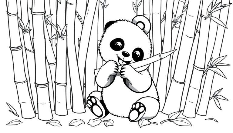 A cute panda bear, a fun color panel, happily munching on bamboo in a forest setting.