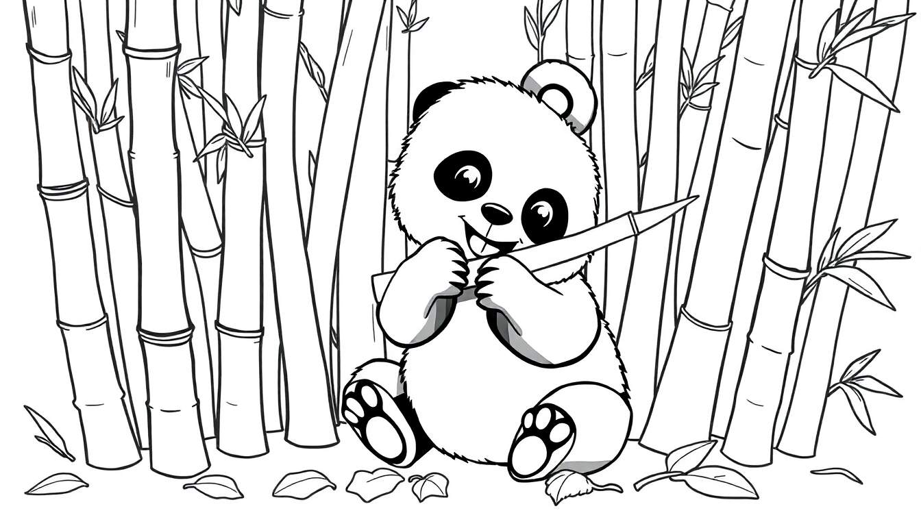 A cute panda bear, a fun color panel, happily munching on bamboo in a forest setting.