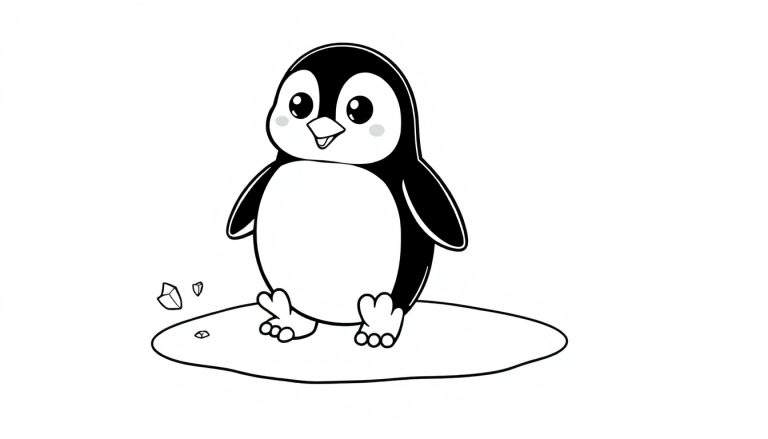 A cute baby penguin, ready for a color panel, stands on an ice patch.