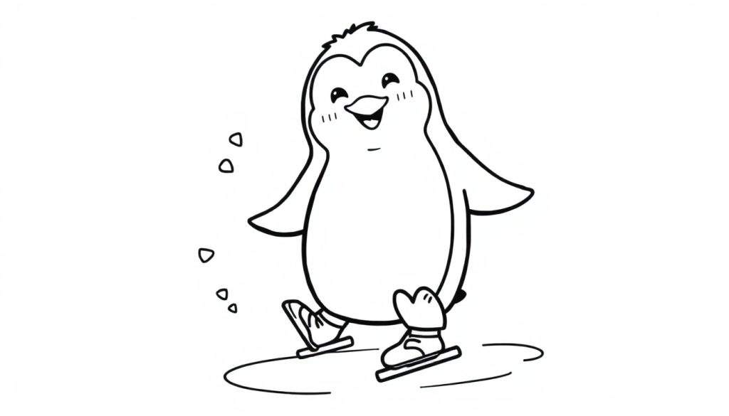A cheerful cartoon penguin ice skating, a black and white color panel.