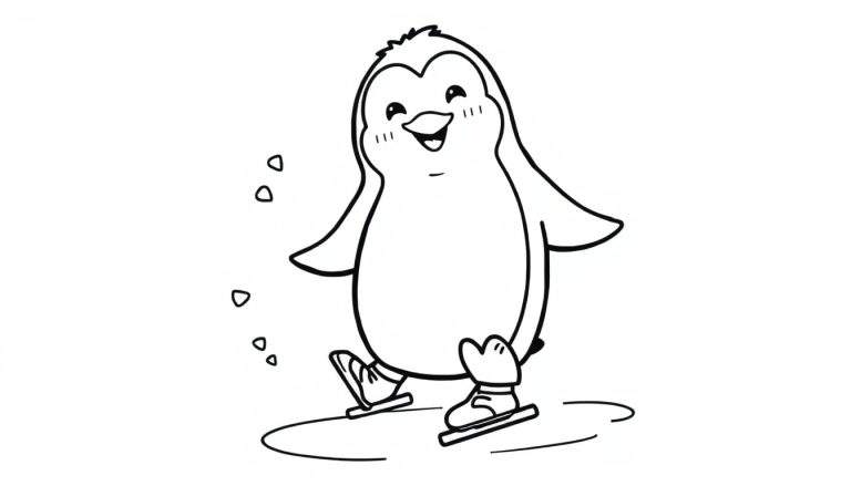 A cheerful cartoon penguin ice skating, a black and white color panel.