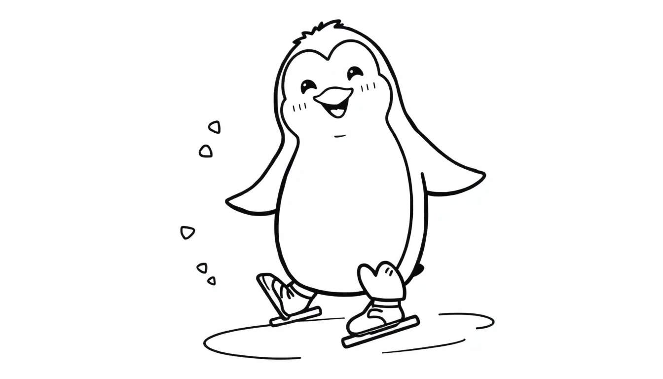 A cheerful cartoon penguin ice skating, a black and white color panel.