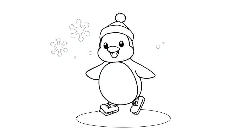 A cute penguin ice skating on a color panel, wearing a winter hat and skates, with snowflakes falling.
