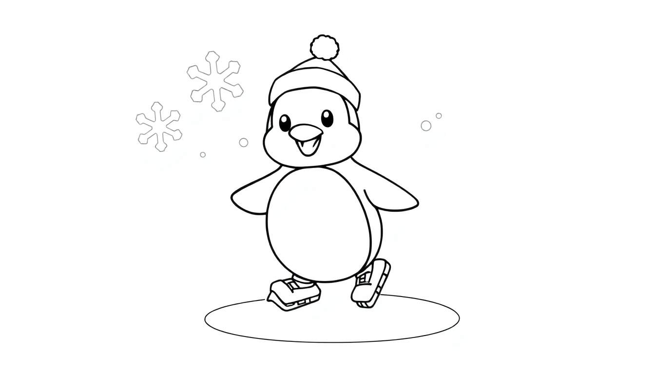 A cute penguin ice skating on a color panel, wearing a winter hat and skates, with snowflakes falling.