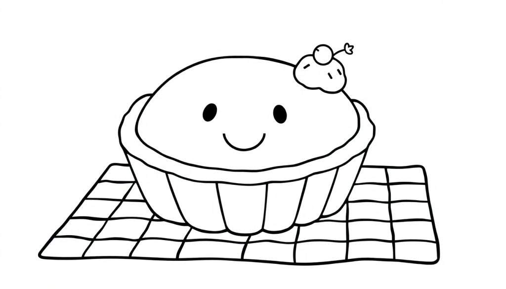 A black and white cartoon of a happy pie with a smiley face, a dollop of cream, and a cherry on top, sitting on a checkered mat, ready for coloring. This is a color panel.