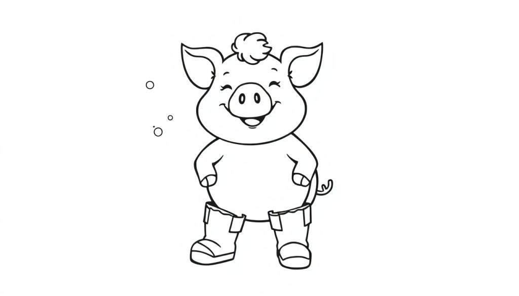 A cute cartoon pig with boots, ready for adventure, on a black and white color panel.