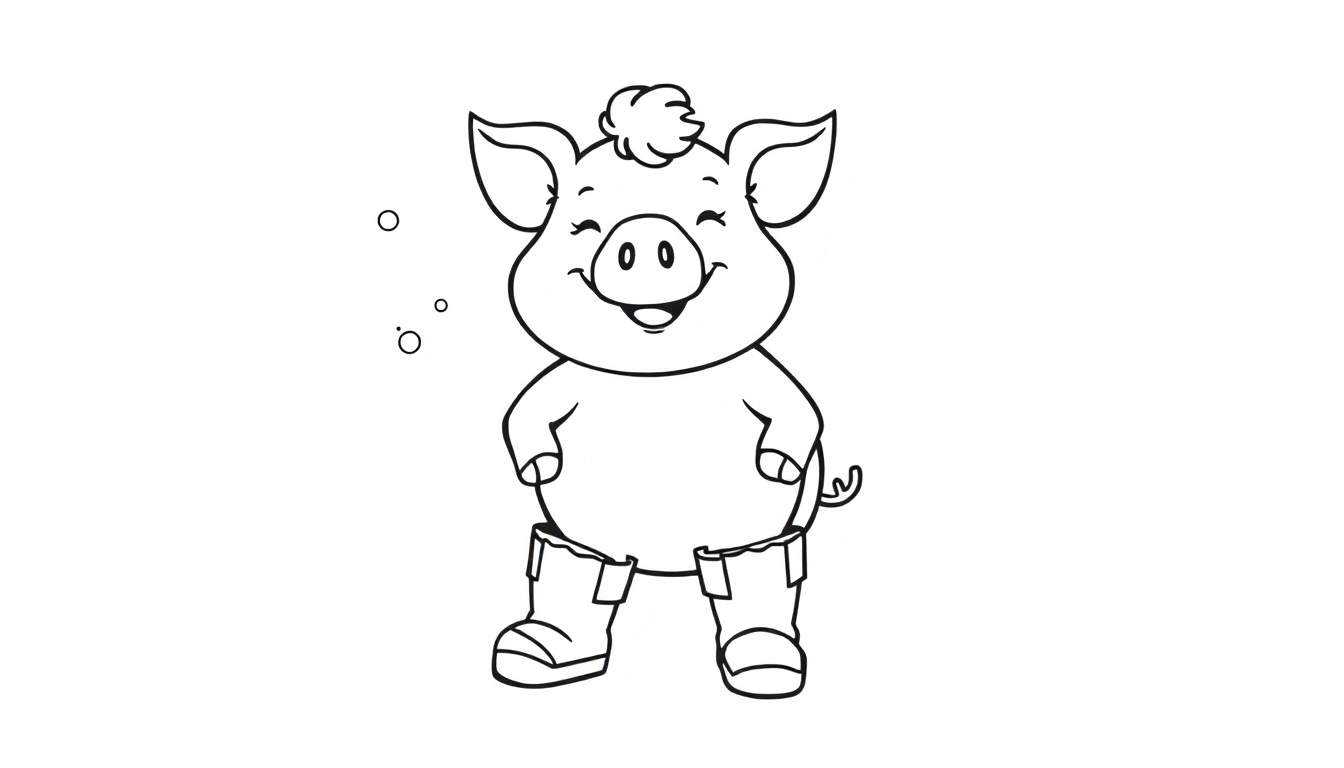 A cute cartoon pig with boots, ready for adventure, on a black and white color panel.