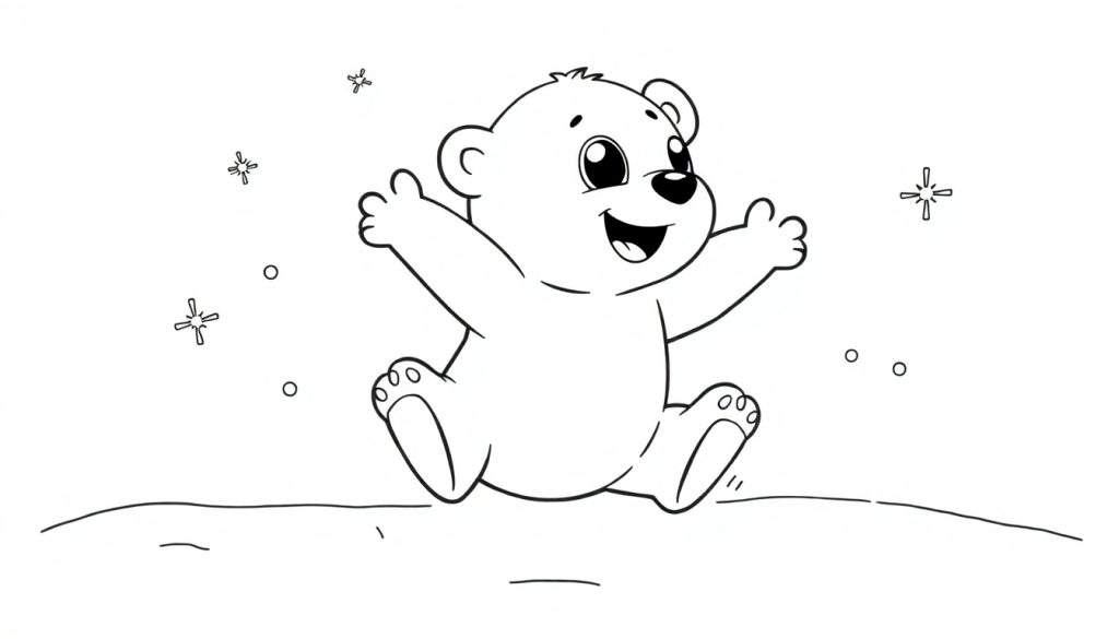 A cute polar bear cub in a black and white coloring page, happily raising its paws in a snowy landscape with snowflakes, ready for coloring.