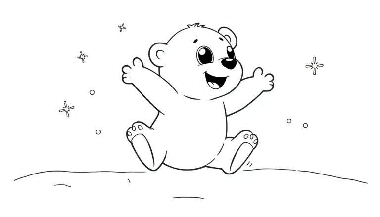 A cute polar bear cub in a black and white coloring page, happily raising its paws in a snowy landscape with snowflakes, ready for coloring.