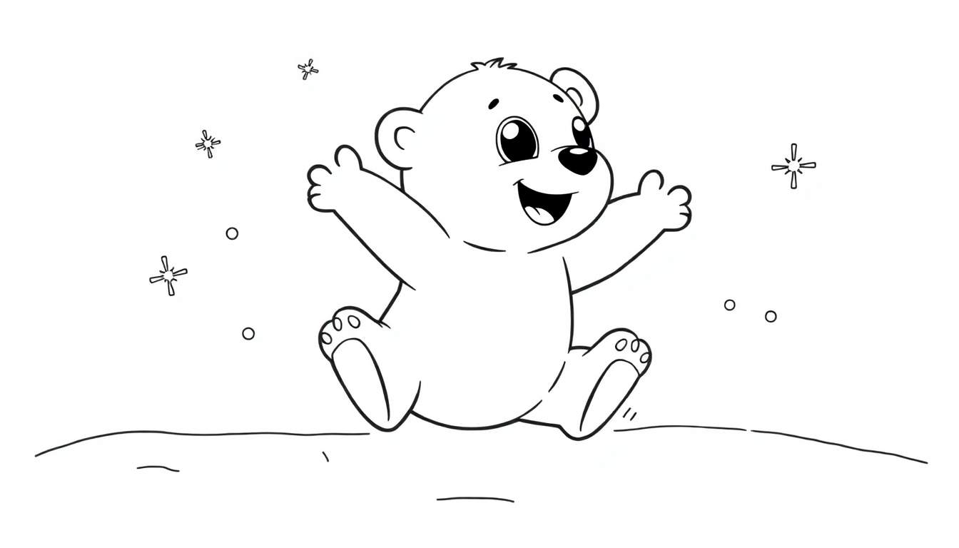A cute polar bear cub in a black and white coloring page, happily raising its paws in a snowy landscape with snowflakes, ready for coloring.