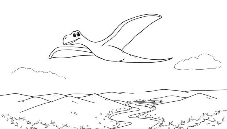 A friendly black and white cartoon pterodactyl flying happily over rolling hills, a river, and a few clouds. A fun color panel for kids.