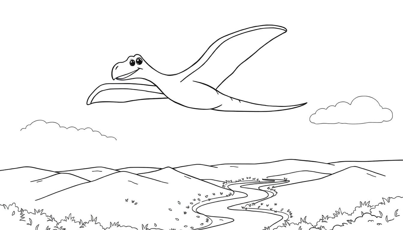 A friendly black and white cartoon pterodactyl flying happily over rolling hills, a river, and a few clouds. A fun color panel for kids.