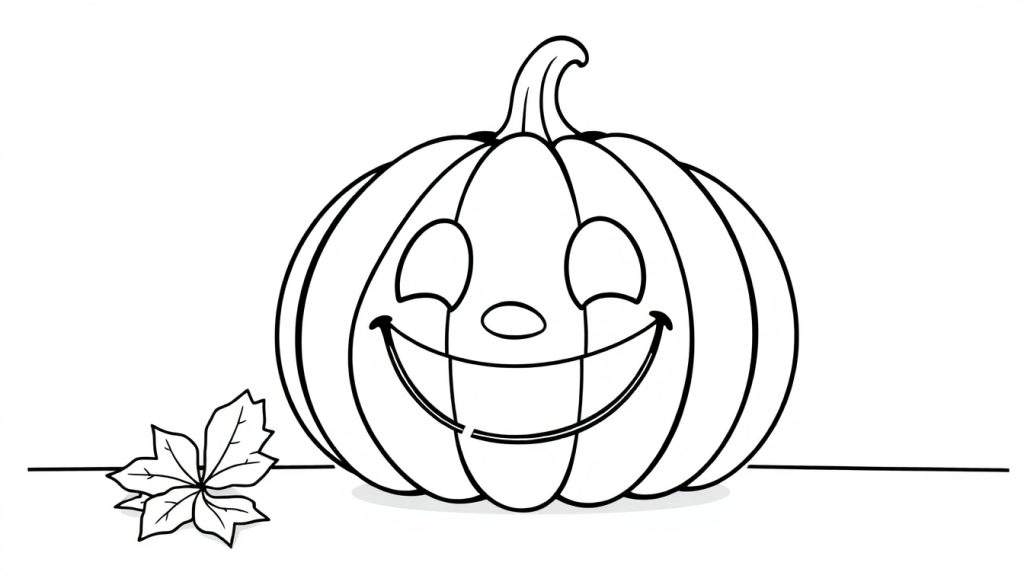 A smiling pumpkin line drawing color panel with a maple leaf.