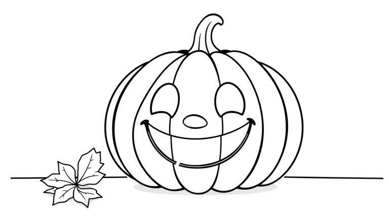 A smiling pumpkin line drawing color panel with a maple leaf.