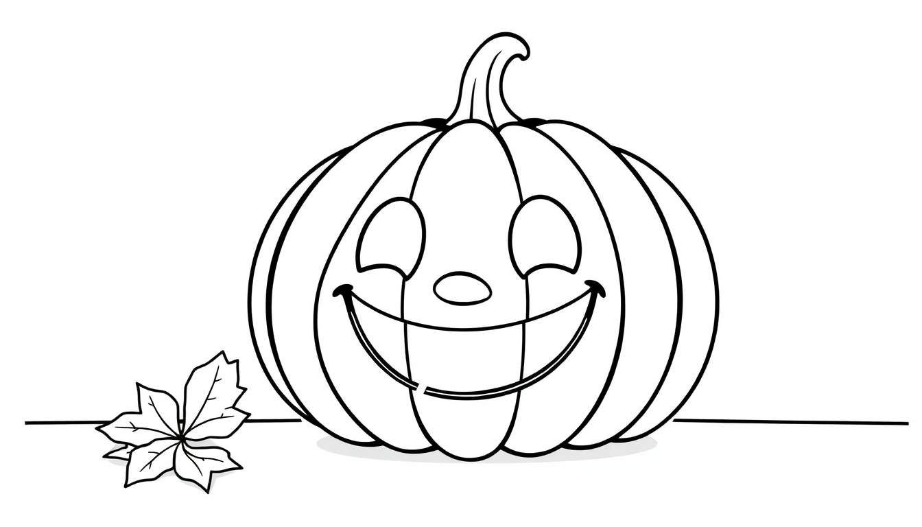 A smiling pumpkin line drawing color panel with a maple leaf.