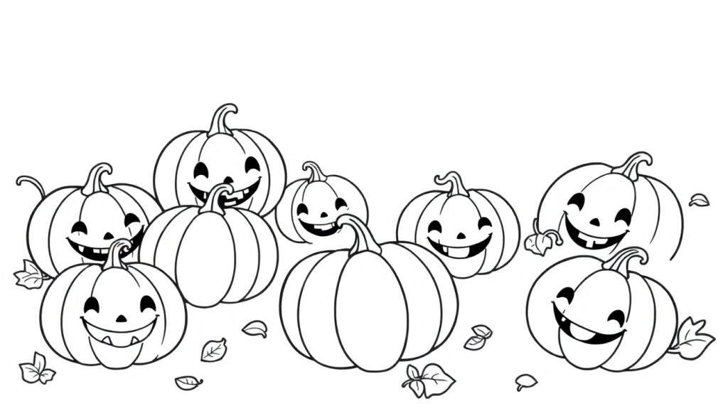 A black and white color panel of eight smiling jack-o'-lanterns in a cluster with scattered leaves.