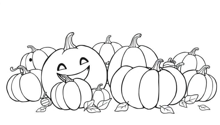 A friendly pumpkin patch coloring panel with happy pumpkins.