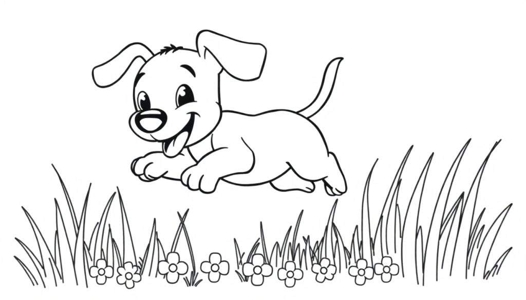 A playful black and white puppy jumping in a field of flowers, ready for a color panel.
