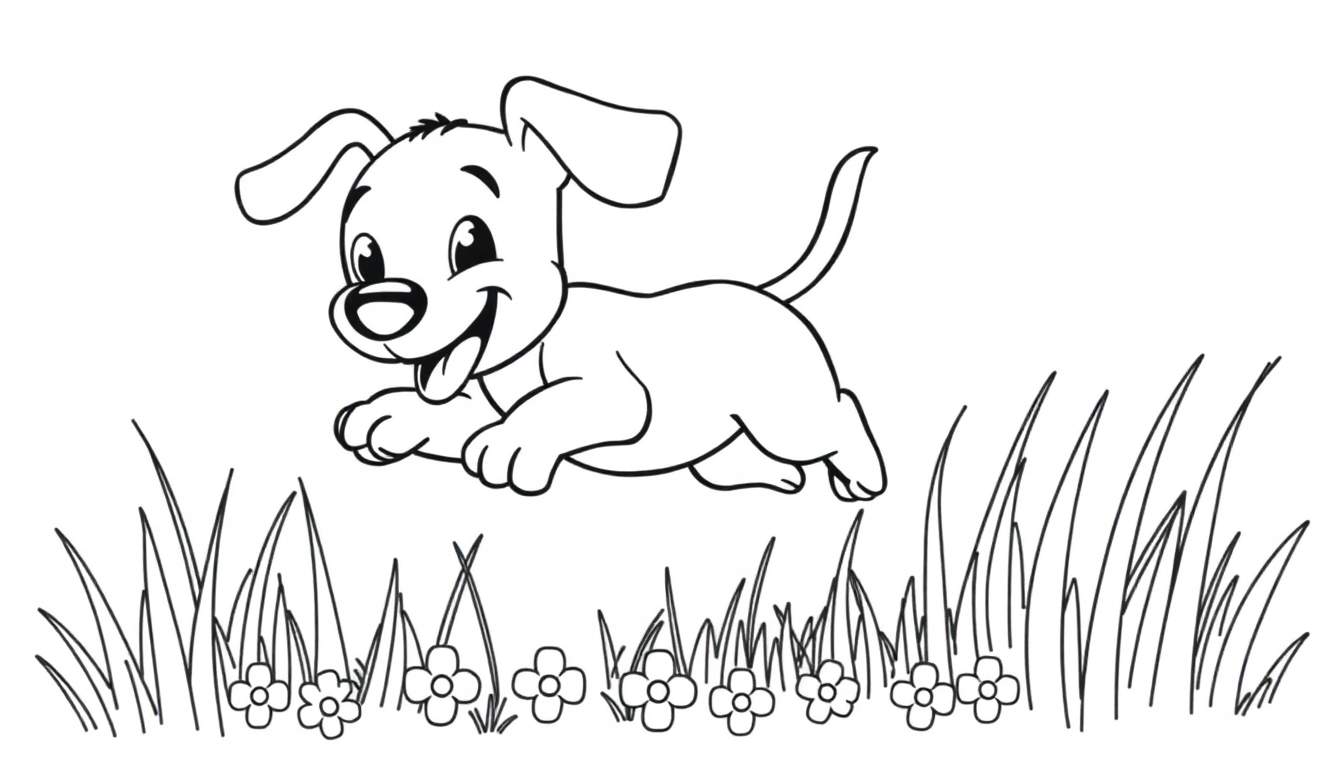 A playful black and white puppy jumping in a field of flowers, ready for a color panel.