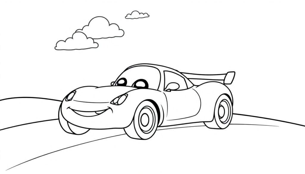 A cheerful cartoon race car with big eyes and a smile on a road, ready for coloring fun! This color panel awaits your artistic touch.