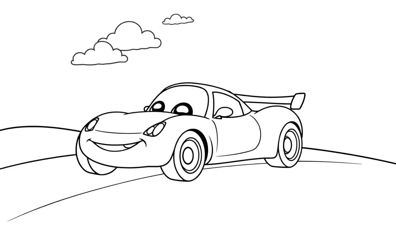 A cheerful cartoon race car with big eyes and a smile on a road, ready for coloring fun! This color panel awaits your artistic touch.