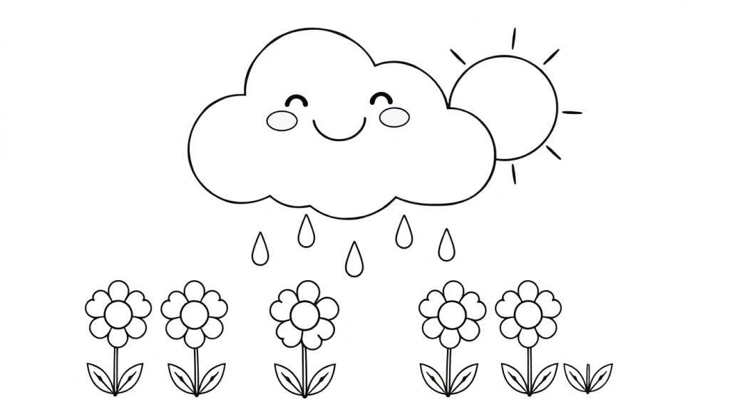 A black and white coloring page featuring a smiling rain cloud with raindrops and happy flowers, with a sun peeking out. A delightful color panel for kids.