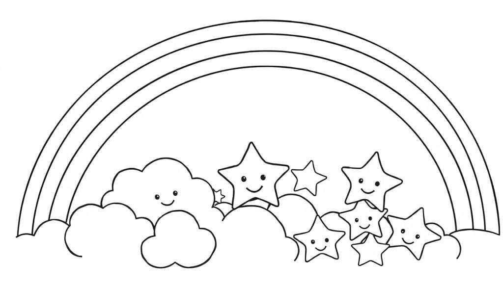 A black and white color panel showing a happy rainbow, clouds, and stars.