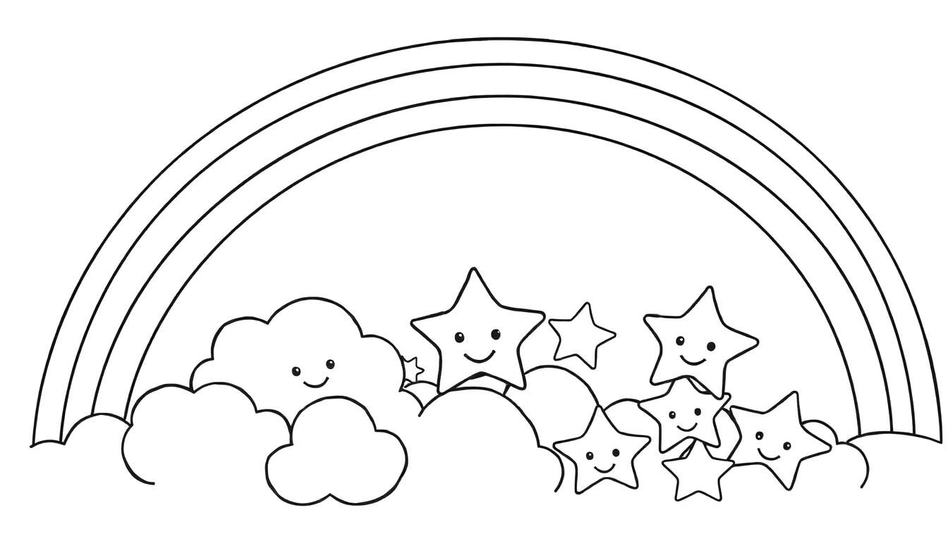 A black and white color panel showing a happy rainbow, clouds, and stars.
