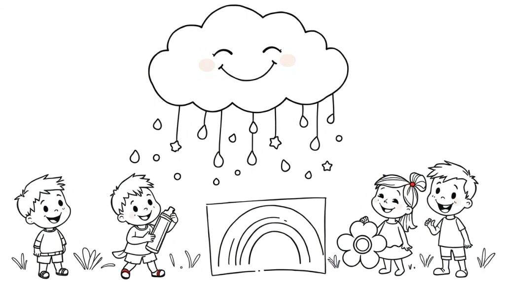 A black and white illustration of a happy cloud raining, with children enjoying the weather and a coloring page. This is a fun color panel for kids to imagine.