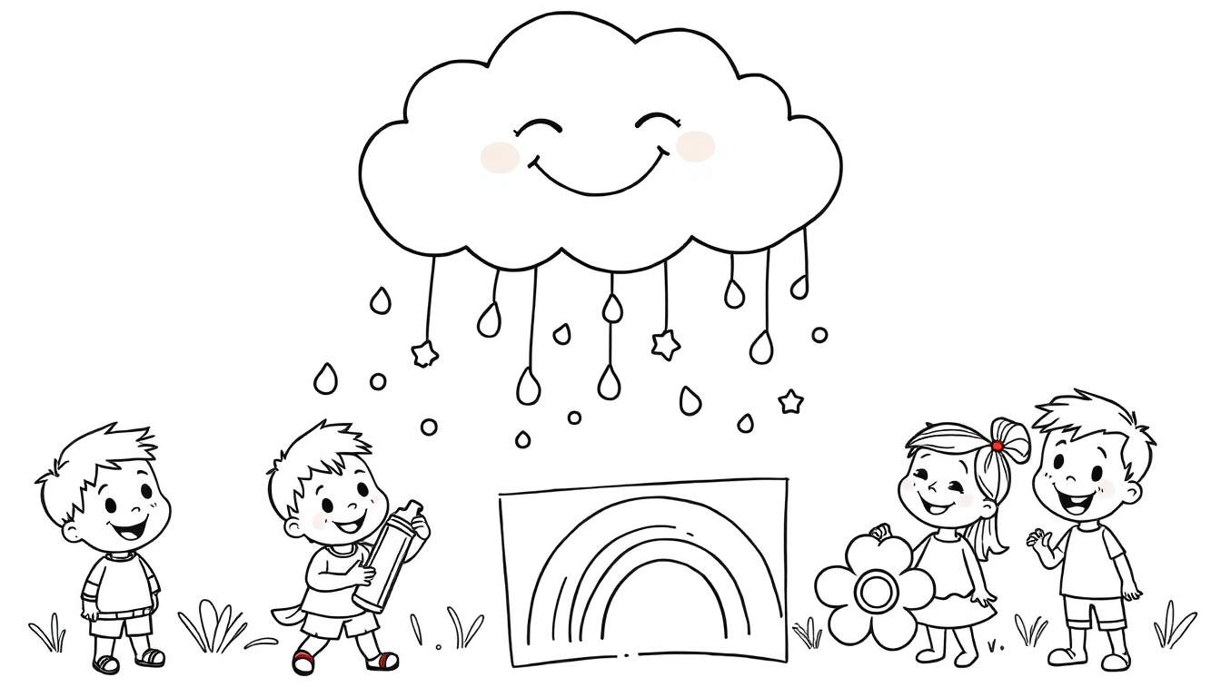 A black and white illustration of a happy cloud raining, with children enjoying the weather and a coloring page. This is a fun color panel for kids to imagine.