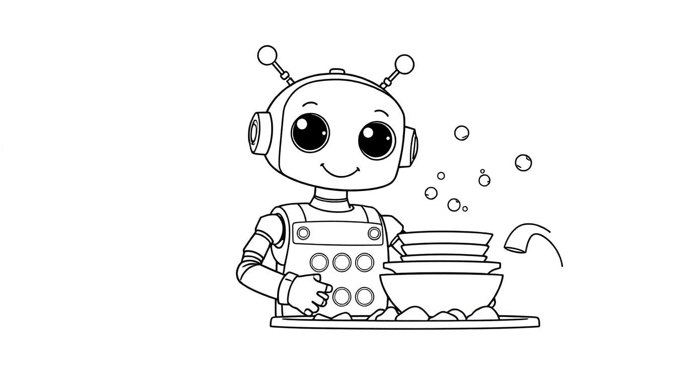 A cute robot with big eyes and antennae is washing dishes in a bubbly sink, perfect for a coloring panel.