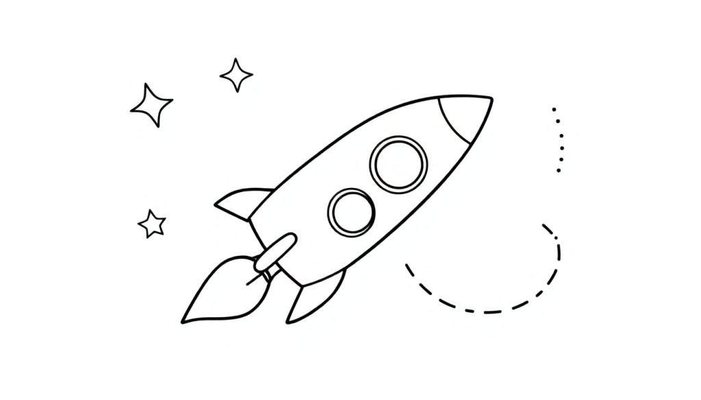 A black and white cartoon rocket ship coloring page taking off with flames and stars, part of a fun color panel.