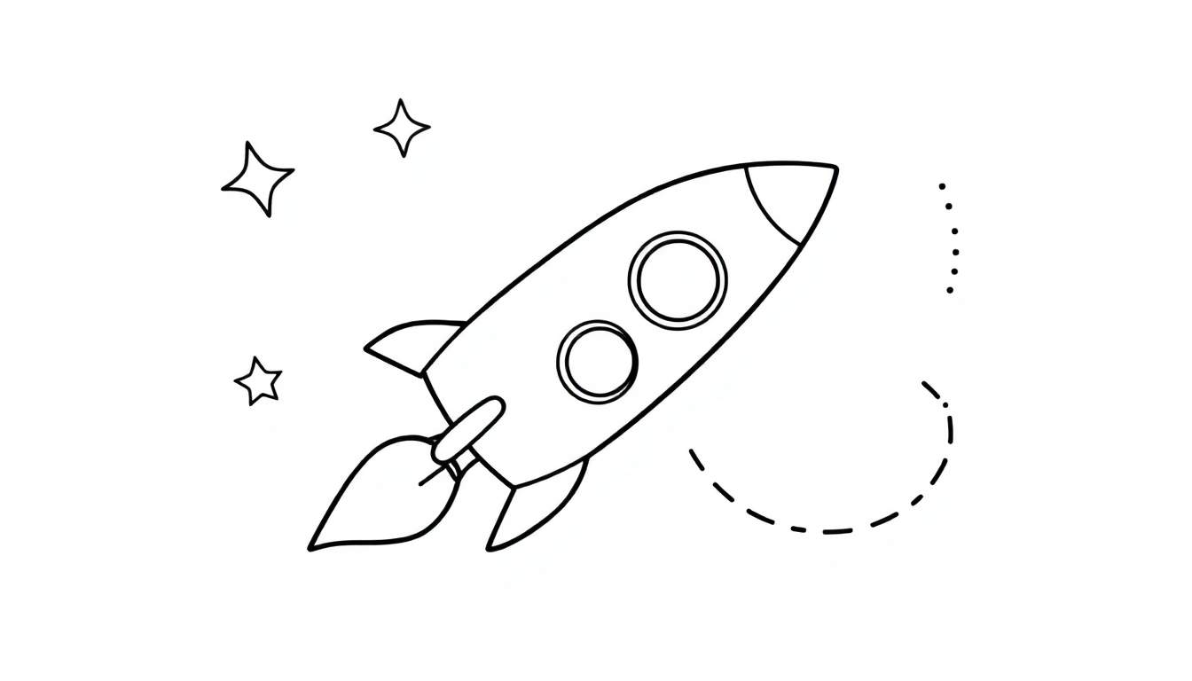 A black and white cartoon rocket ship coloring page taking off with flames and stars, part of a fun color panel.
