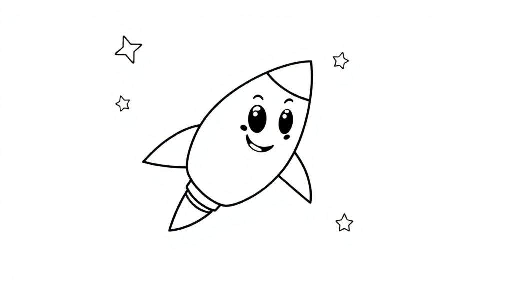 A smiling rocket character with fins, outlined in black and white, ready for a color panel.