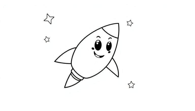 A smiling rocket character with fins, outlined in black and white, ready for a color panel.