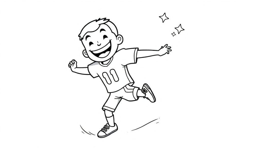 A joyful boy in a black and white color panel, wearing a jersey and shorts, running with arms outstretched and a big smile.