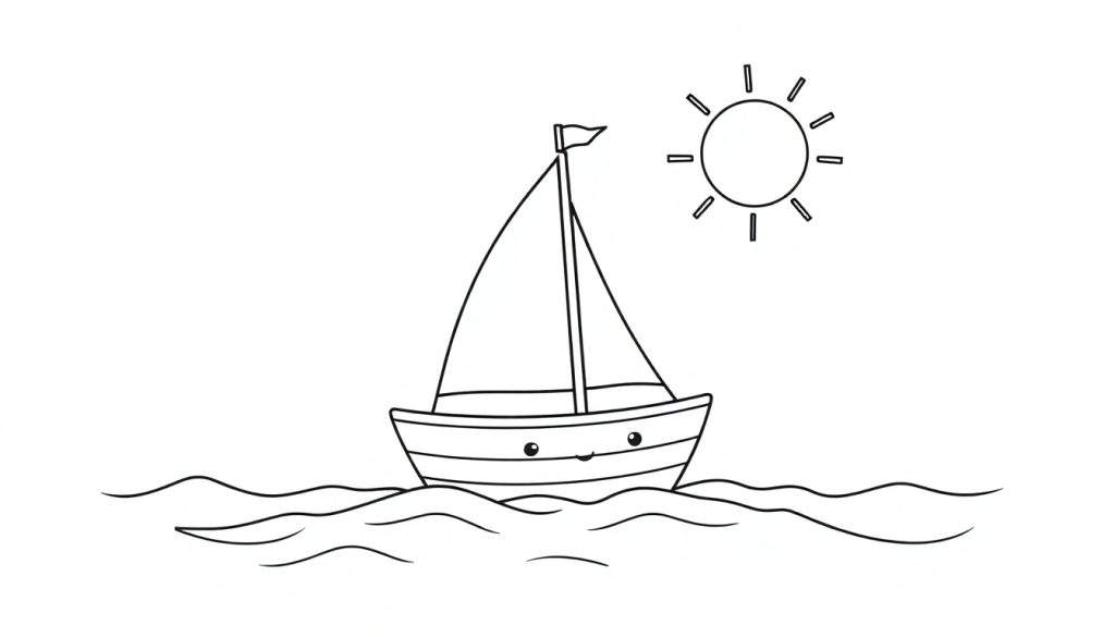A cute cartoon sailboat ready for coloring, with a friendly sun and calm sea, perfect for a black and white color panel.