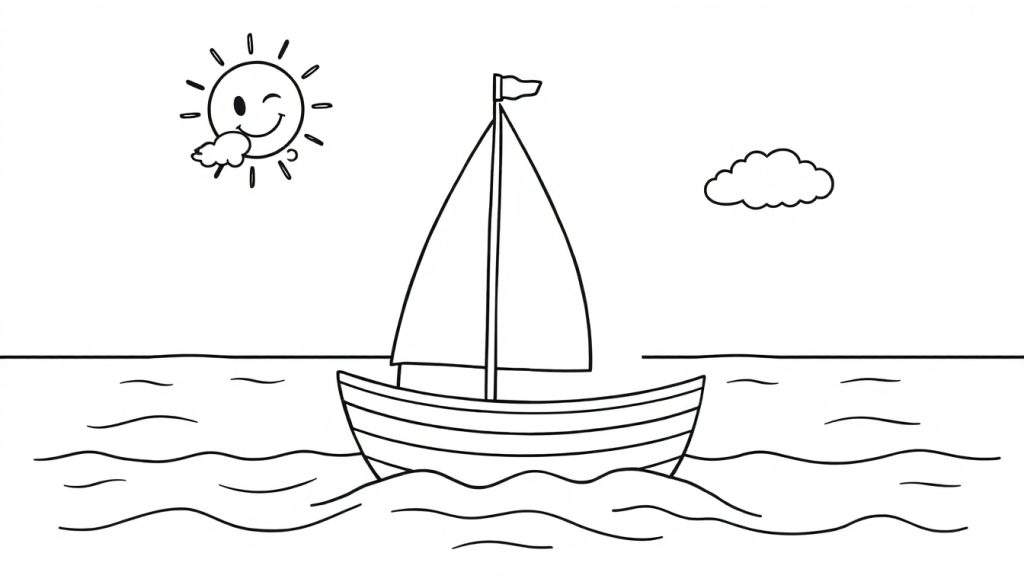 A black and white coloring page featuring a happy sailboat with a smiling sun and clouds. A fun color panel for kids.