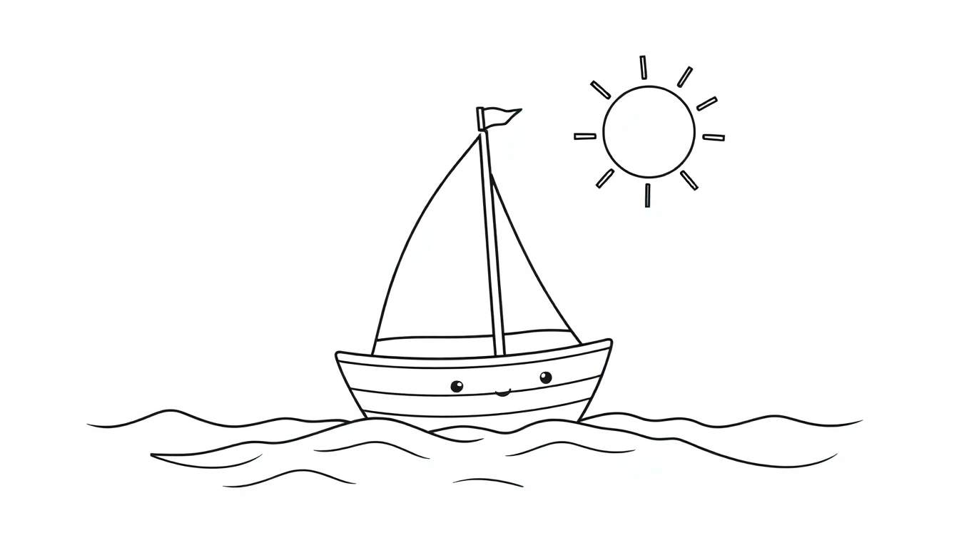 A cute cartoon sailboat ready for coloring, with a friendly sun and calm sea, perfect for a black and white color panel.