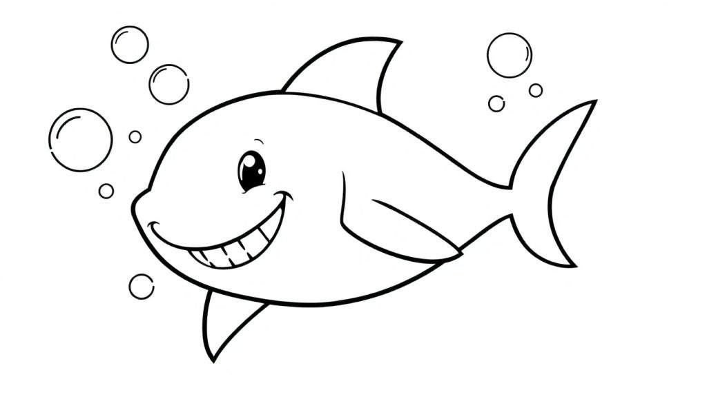 A friendly shark, ready for coloring, swimming through bubbles in a color panel.