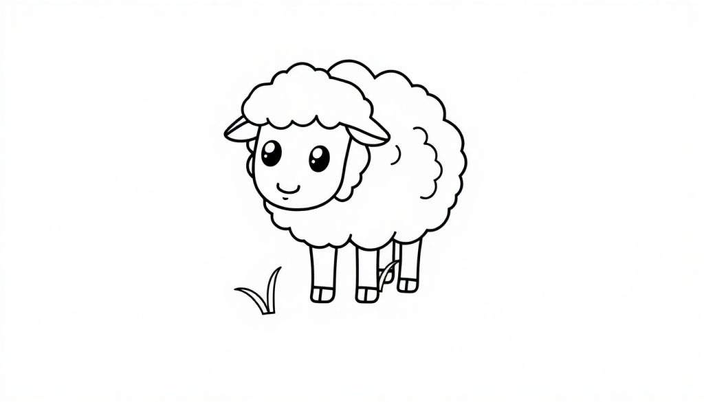 A cute black and white sheep coloring page. This color panel features a fluffy sheep smiling in a grassy field.